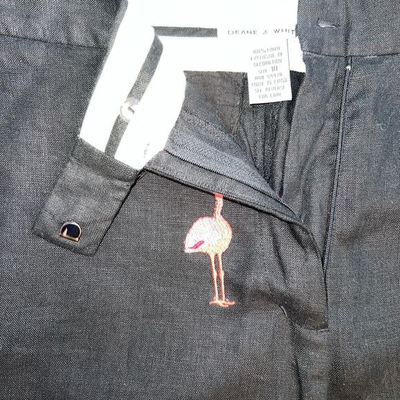 Deane & White 100% Linen Crop Black Pink Flamingo Embroidered Pants NWT Size 10 - Picture 6 of 8